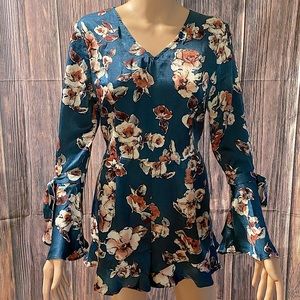 She and Sky NWT size S & M turquoise silky pink cream floral flowy romper